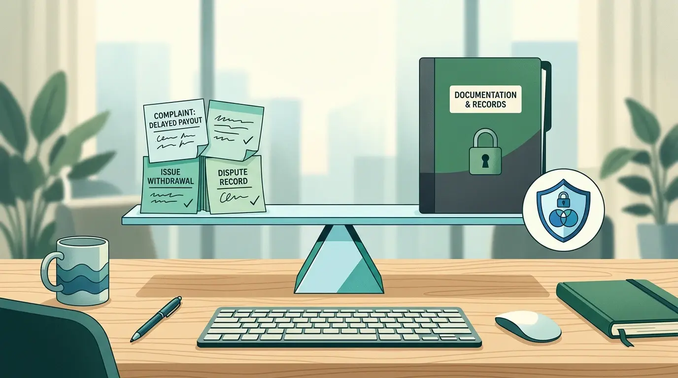 Complaint notes, a secure folder and a data privacy symbol arranged on a desk