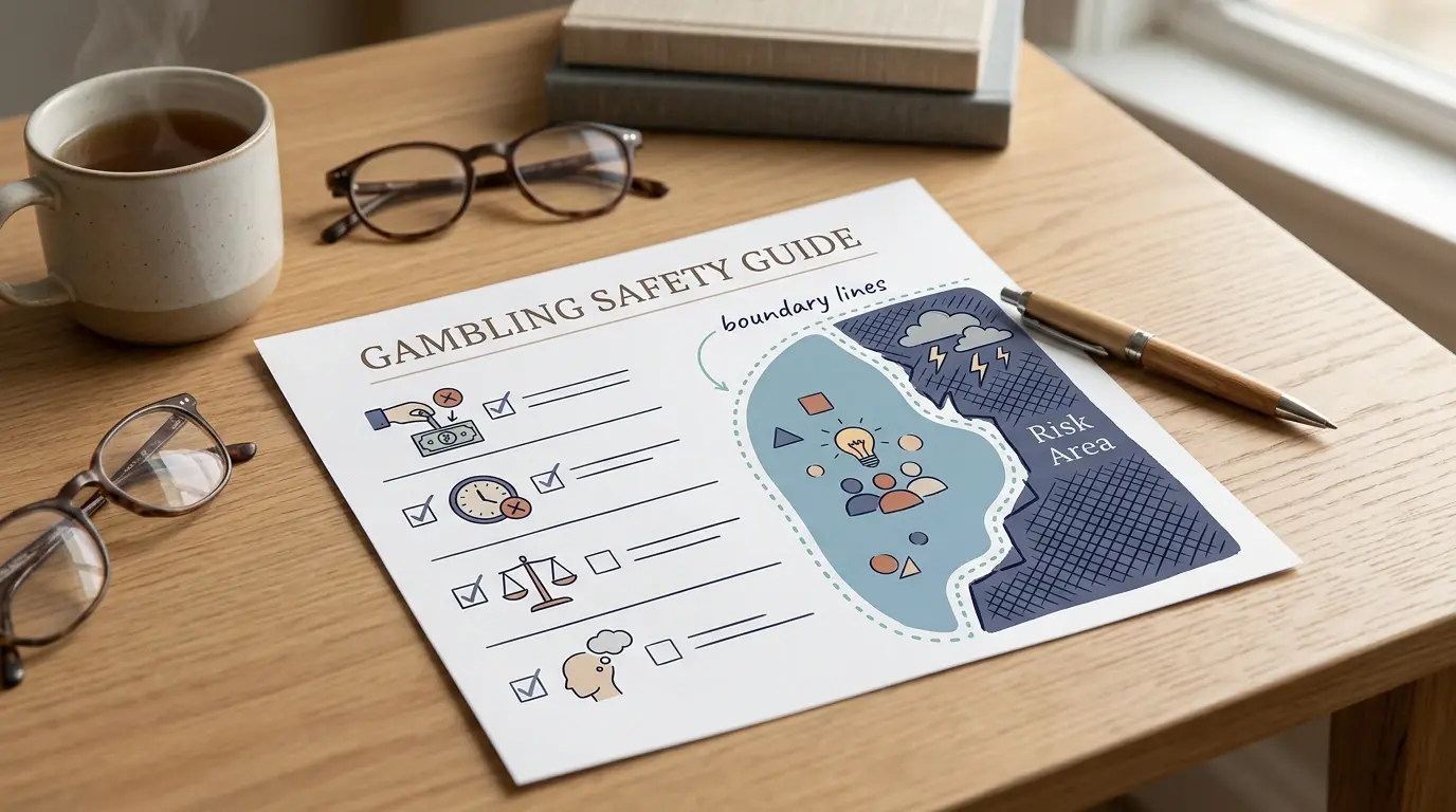 A calm desk scene with a protection boundary diagram and a checklist for gambling decisions