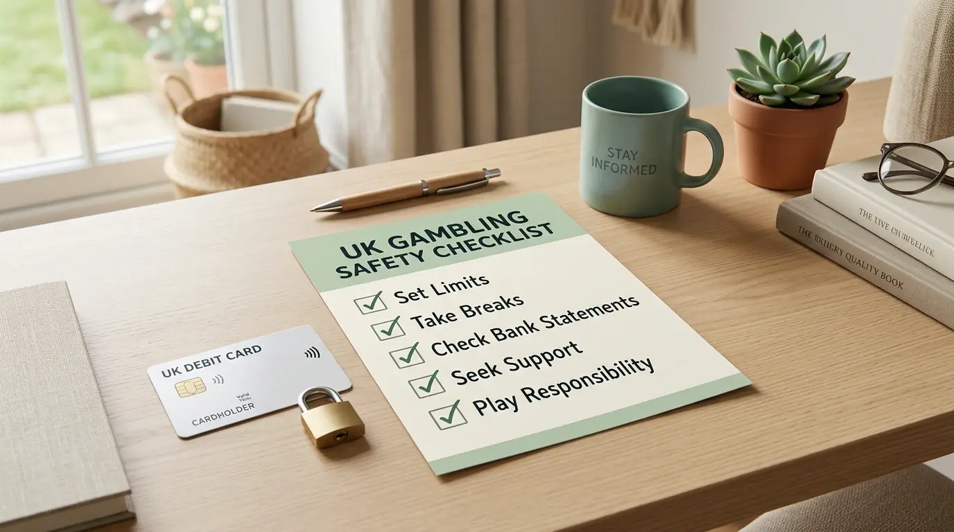 A calm desk scene with a checklist, bank card and lock symbol for safer gambling decisions