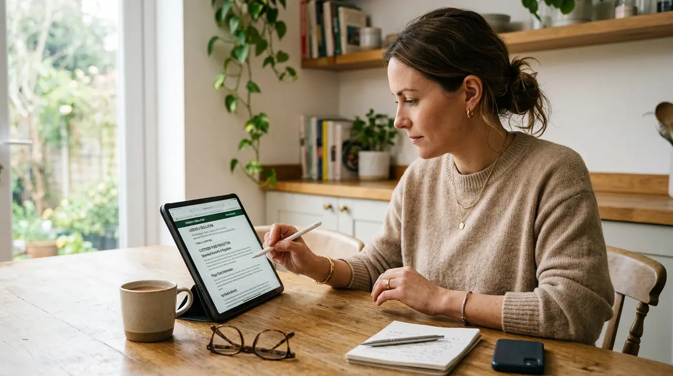 A person comparing licence details, terms and customer fund information on a tablet