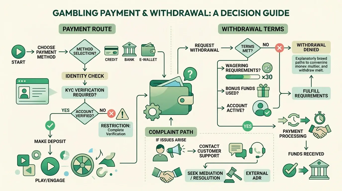 A clear flowchart for payments, identity verification, withdrawal terms and complaint routes