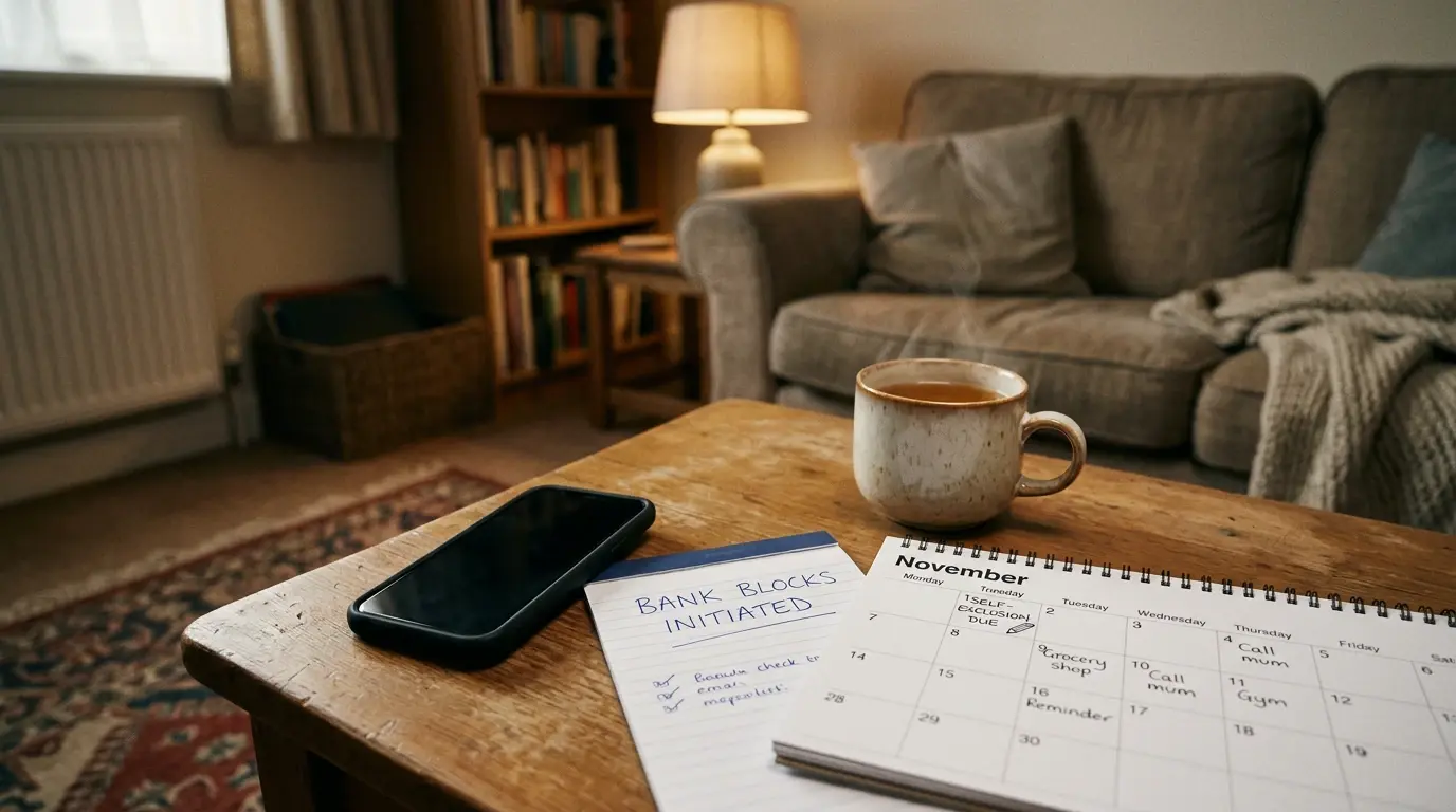 A calm support scene with a phone set aside, a banking block note and a self-exclusion reminder