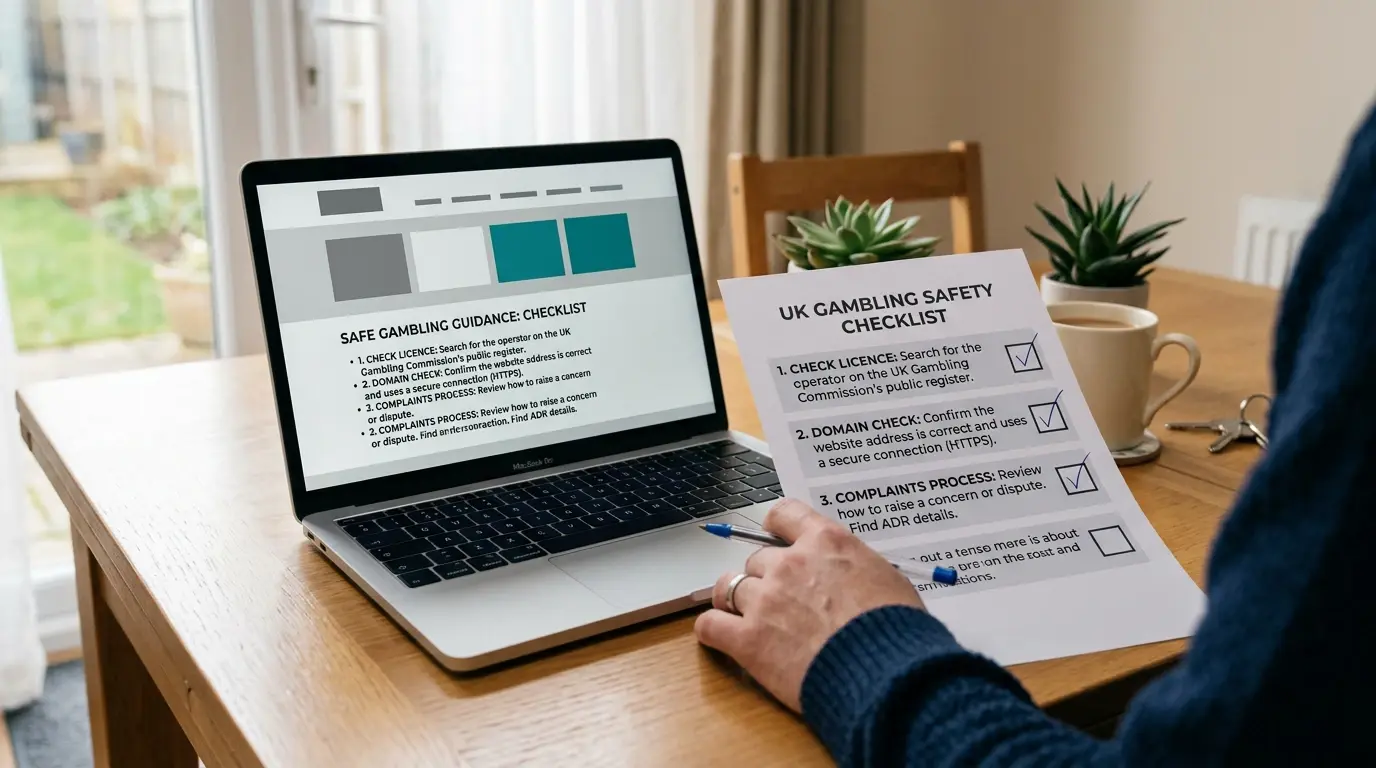 A laptop showing a neutral checklist for checking gambling licence and domain details