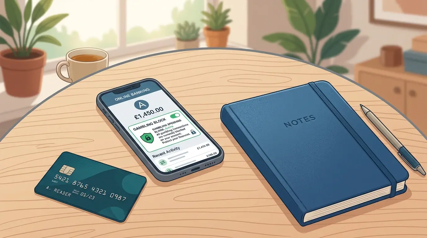A banking app and payment card beside a written boundary checklist