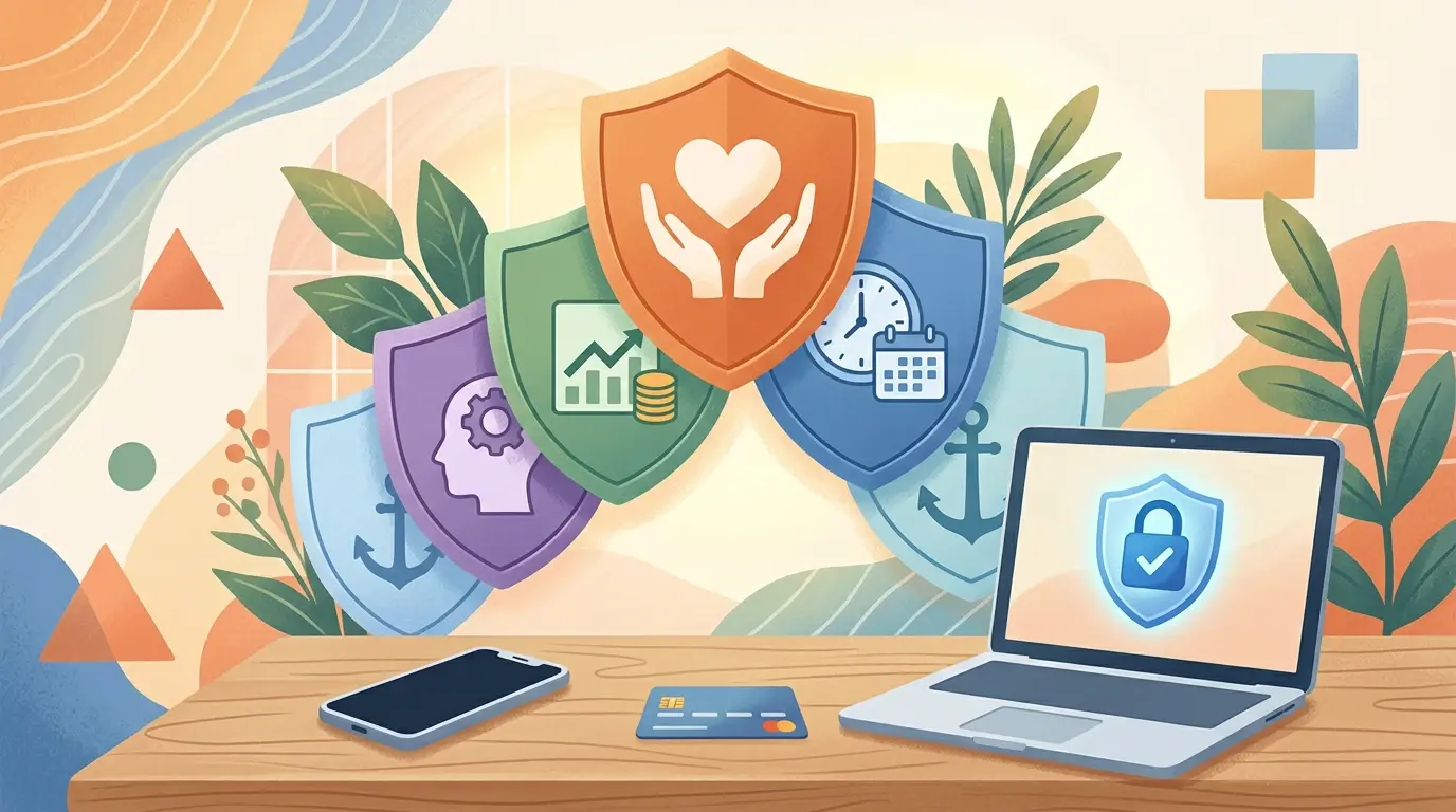 Layered protection tools shown as a calm checklist with a phone and bank card